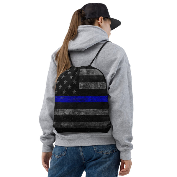 Dark Distressed Thin Blue Line Flag Drawstring Bag