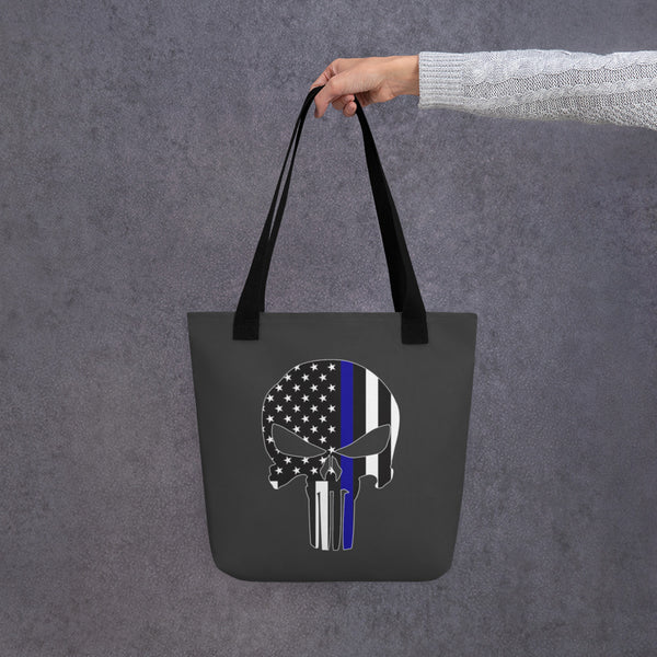 Thin Blue Line Skull (Charcoal) Tote Bag