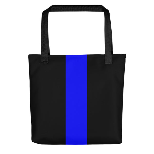 Vertical Thin Blue Line Black Tote Bag