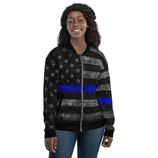 Thin Blue Line Distressed Flag Women's Bomber Jacket