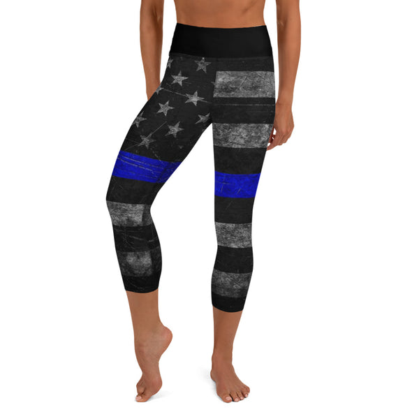 Thin Blue Line Distressed Flag Yoga Capri Leggings