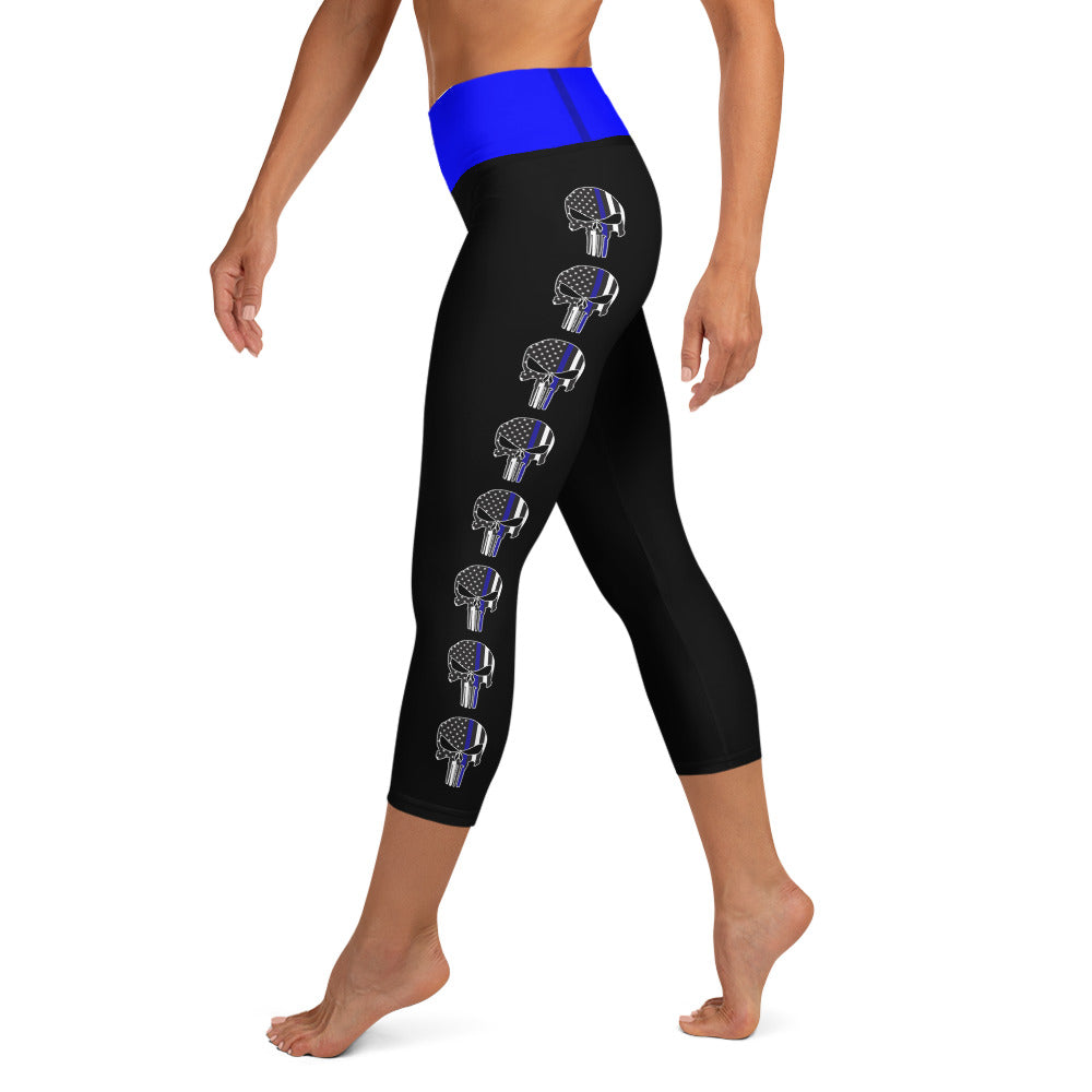 Thin Blue Line Skull Yoga Capri Leggings (Black)